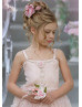 Beaded Pink Eyelash Lace Satin Flower Girl Dress With Cape